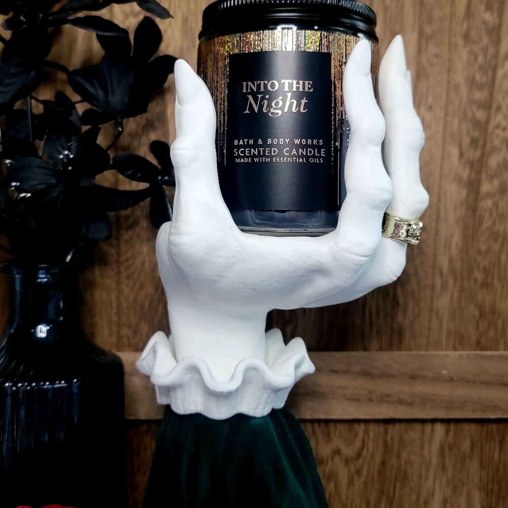 B&BW 2022 GREEN Halloween Witch Hand Pedestal Candle Holder